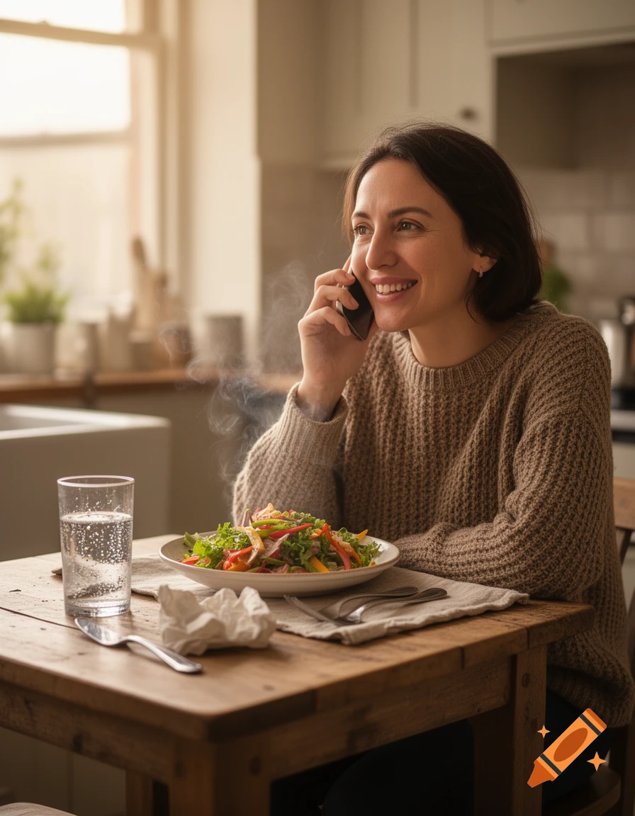 A smiling woman talks on her phone while eating a salad at a rustic wooden table in a sunlit kitchen.