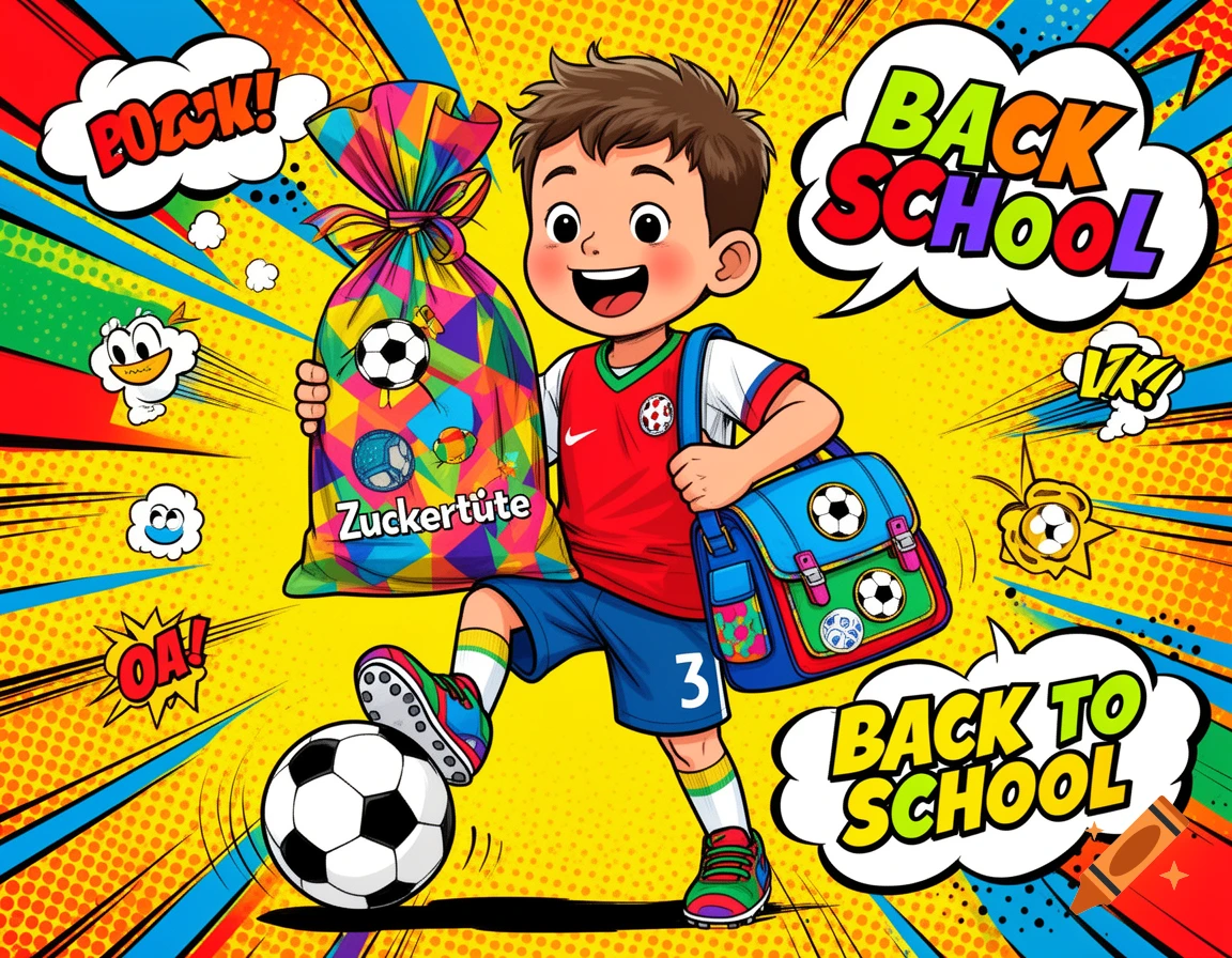 A cartoon boy in a red shirt and blue shorts, holding a colorful candy cone and a blue school bag. He stands with one foot on a soccer ball, surrounded by comic-style speech bubbles with text like 'BACK TO SCHOOL' and 'Zuckertüte', against a vibrant yellow and red background with speed lines and polka dots.