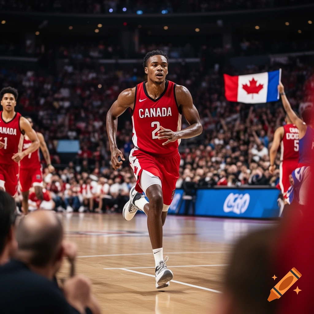 Photorealistic image of a male basketball player in a red 'CANADA' jersey with number 2 running on a court during a game.