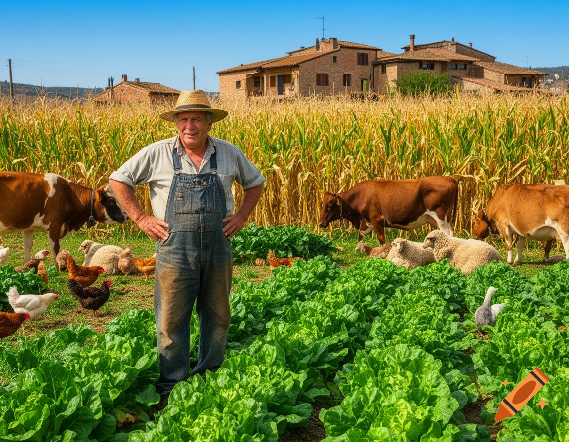 A farmer stands in a green lettuce field with cows, sheep, chickens, and corn stalks under a clear blue sky.