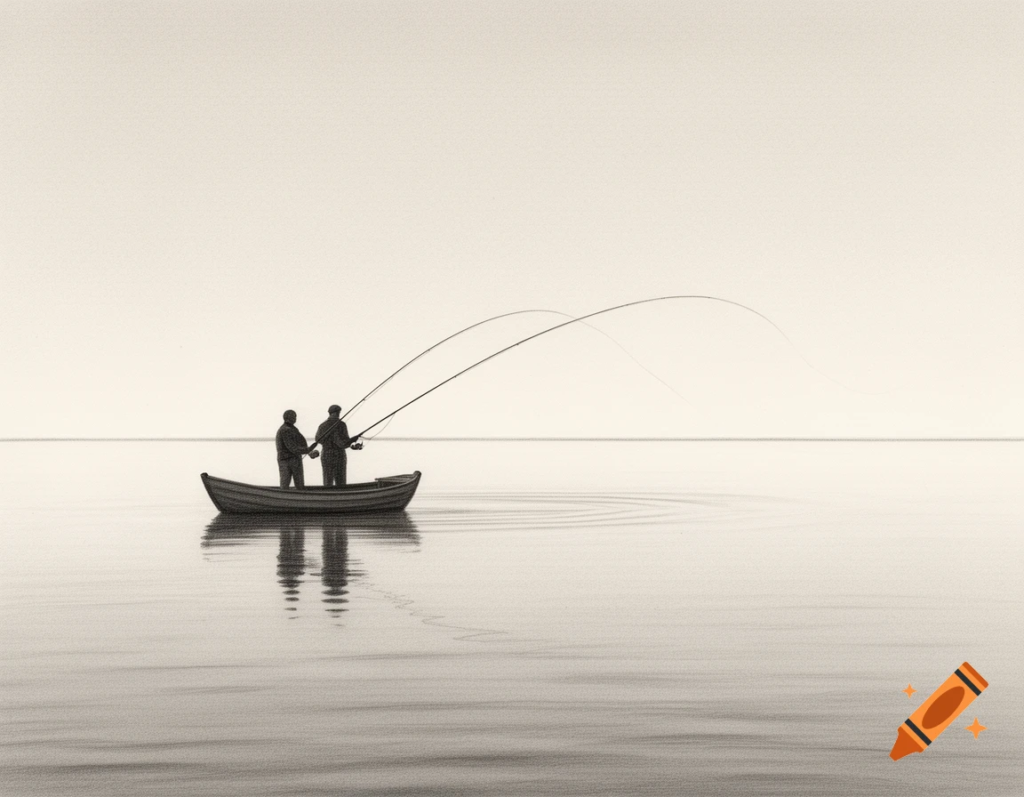 A minimalist drawing of two men fly fishing from a small boat on calm water.