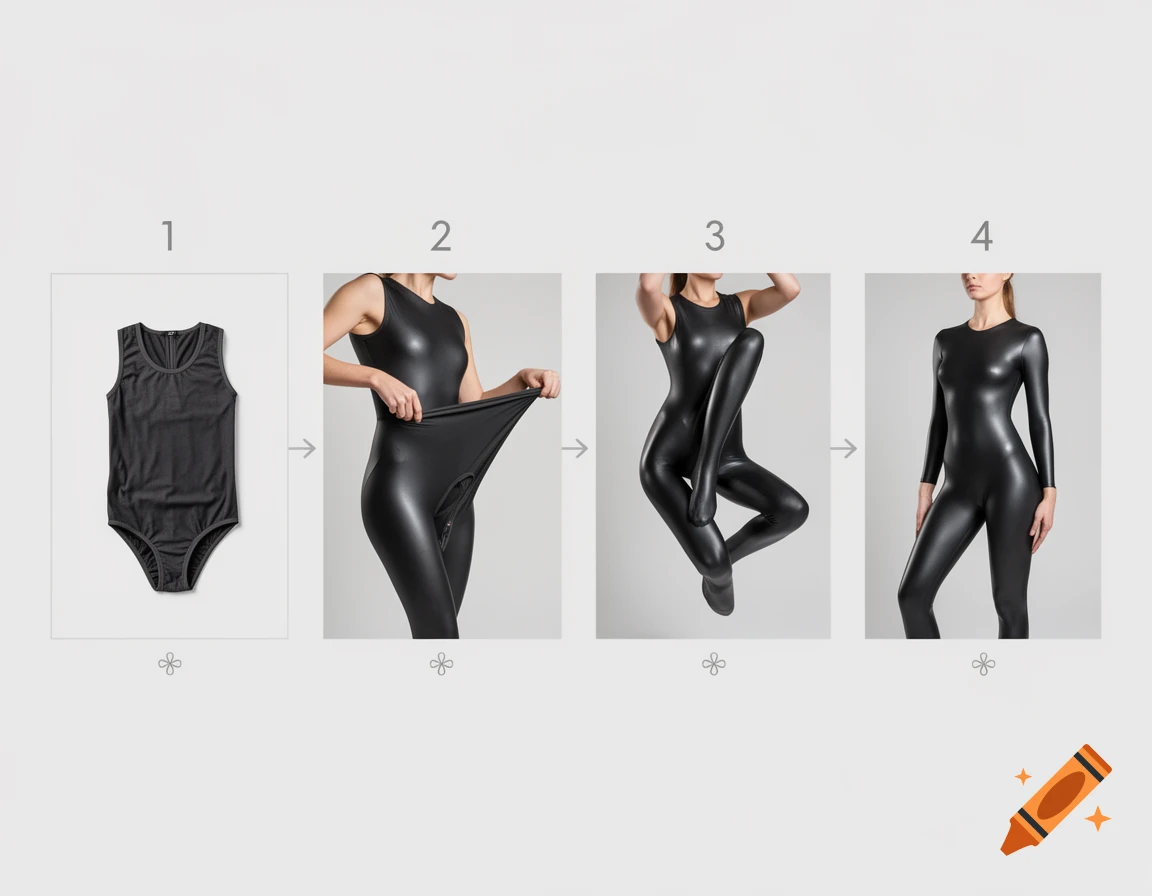 A four-step diagram showing a woman putting on a black, shiny, form-fitting bodysuit, from a tank top to a full suit.