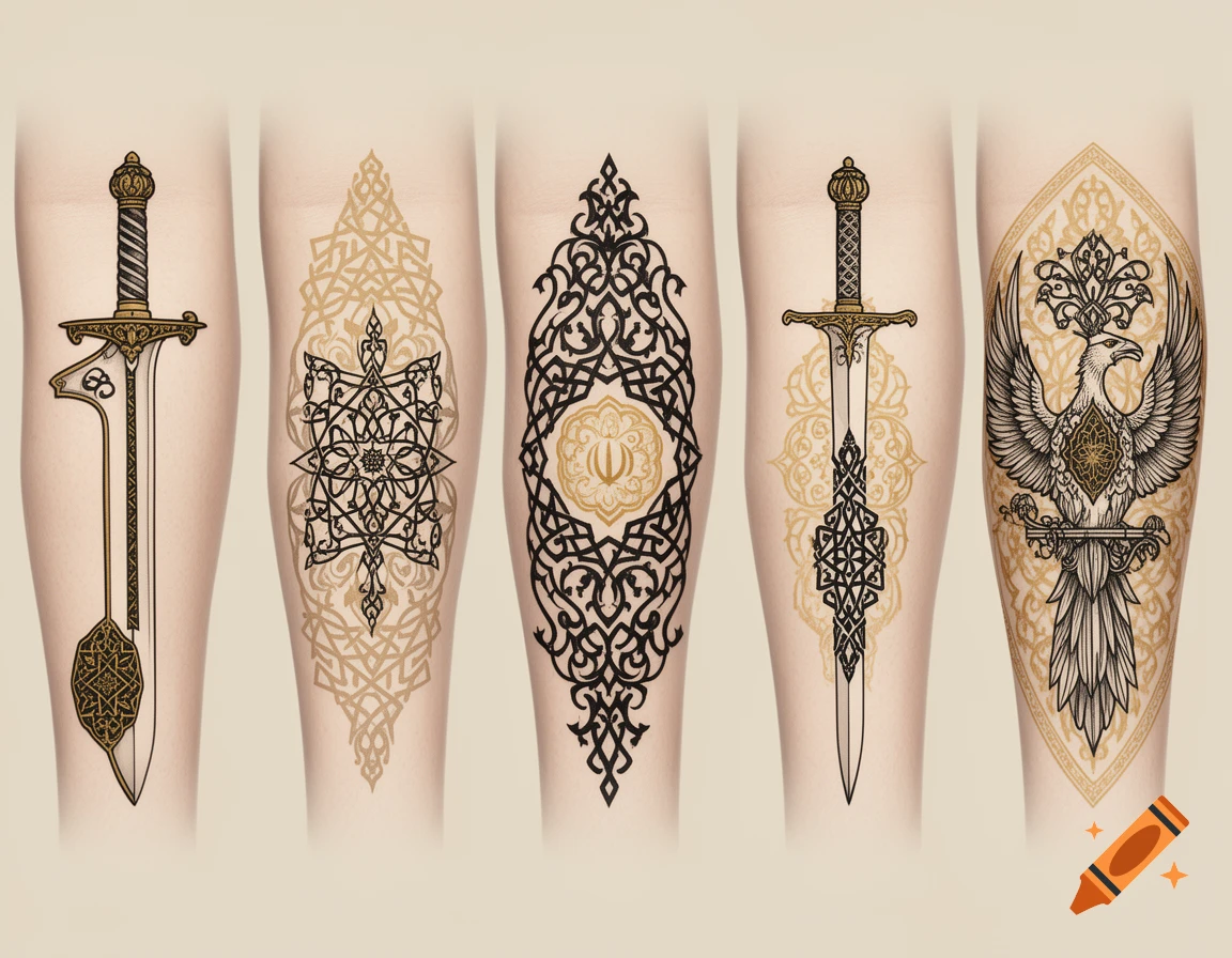 Five arms displaying ornate gold and black tattoo designs, including two swords, three intricate geometric patterns, and a stylized phoenix, in a Persian art style.