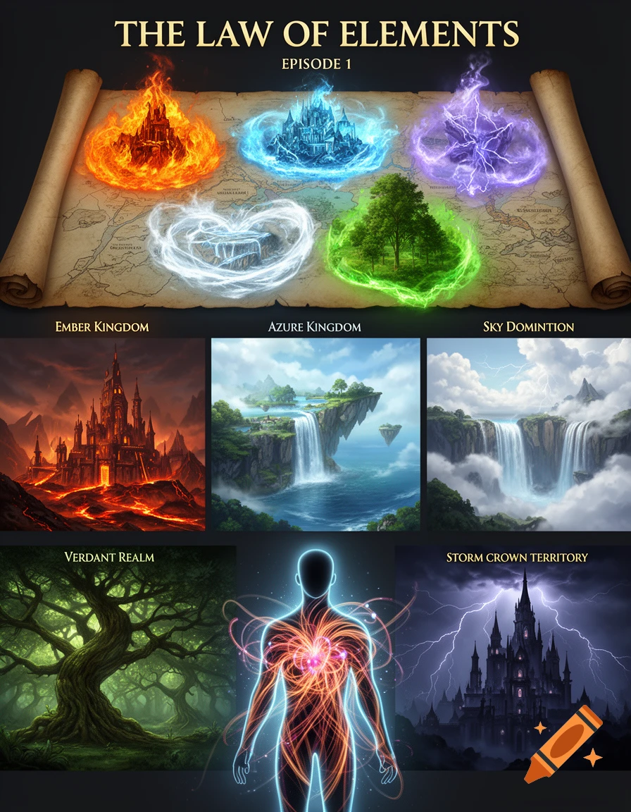 Fantasy collage featuring a world map with elemental kingdoms (fire, water, sky, forest, storm) and a glowing human figure.