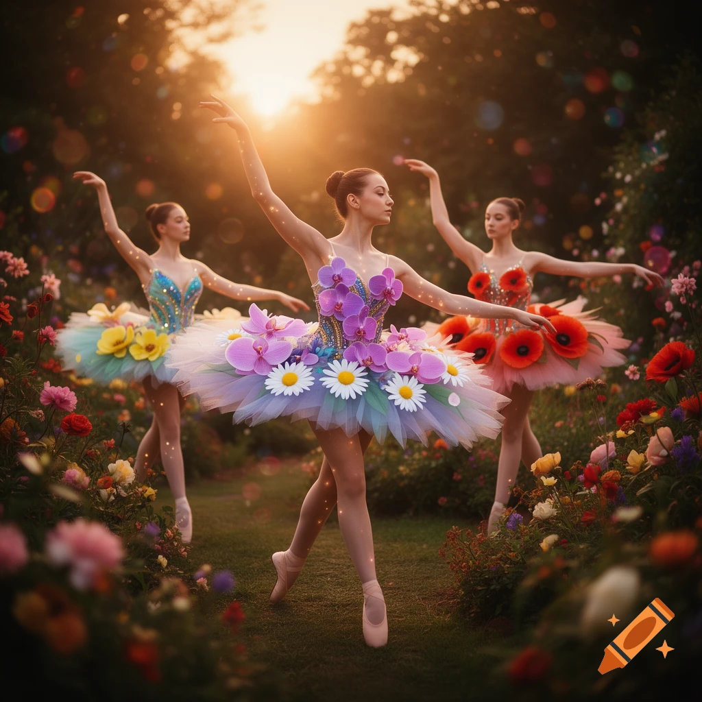 Three ballerinas in elaborate flower-themed tutus dance gracefully in a lush, sunlit garden surrounded by vibrant blooms.