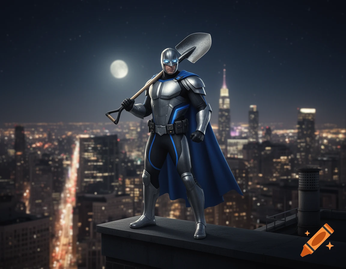 Photorealistic superhero in grey and blue suit and cape stands on a city rooftop at night, holding a shovel over his shoulder.