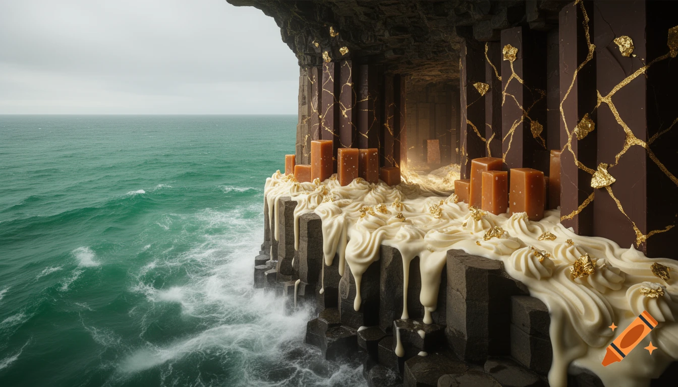 A surreal scene of Fingal's Cave reimagined as a giant dessert, with dark chocolate columns, caramel blocks, vanilla frosting flowing down, and gold leaf next to a teal ocean.