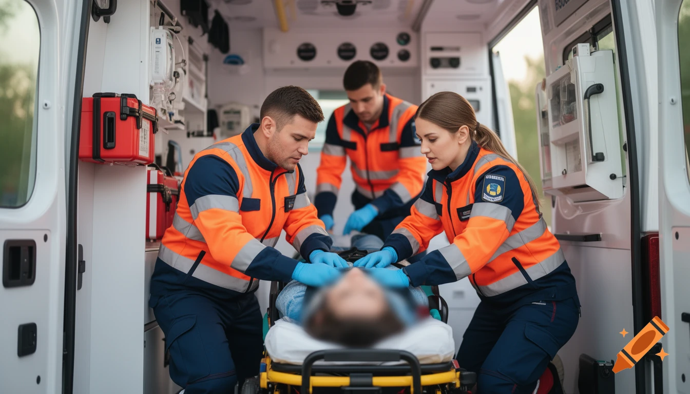 Three paramedics, two in foreground, treat a patient on a stretcher inside a modern ambulance. The patient is partially blurred.