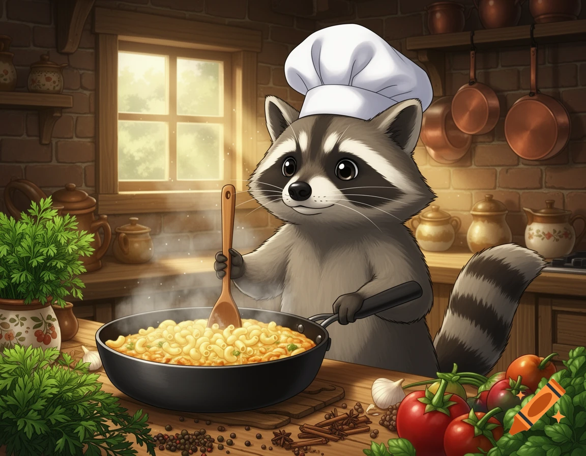 A cartoon raccoon chef wearing a white hat stirs macaroni in a black skillet in a rustic kitchen.