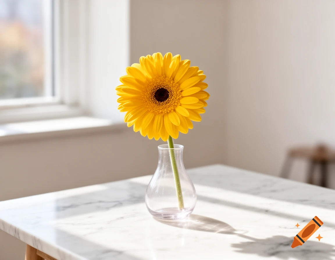 A vibrant yellow gerbera flower in a glass vase on a sunlit marble table with a window in the background, photorealistic.