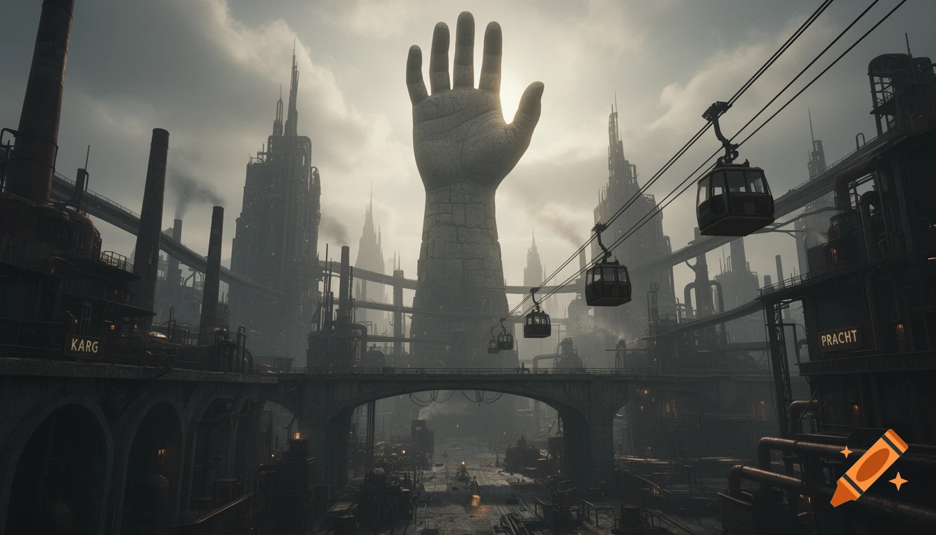 A dark industrial fantasy cityscape features a colossal stone hand reaching towards a cloudy sky, surrounded by factories and cable cars.