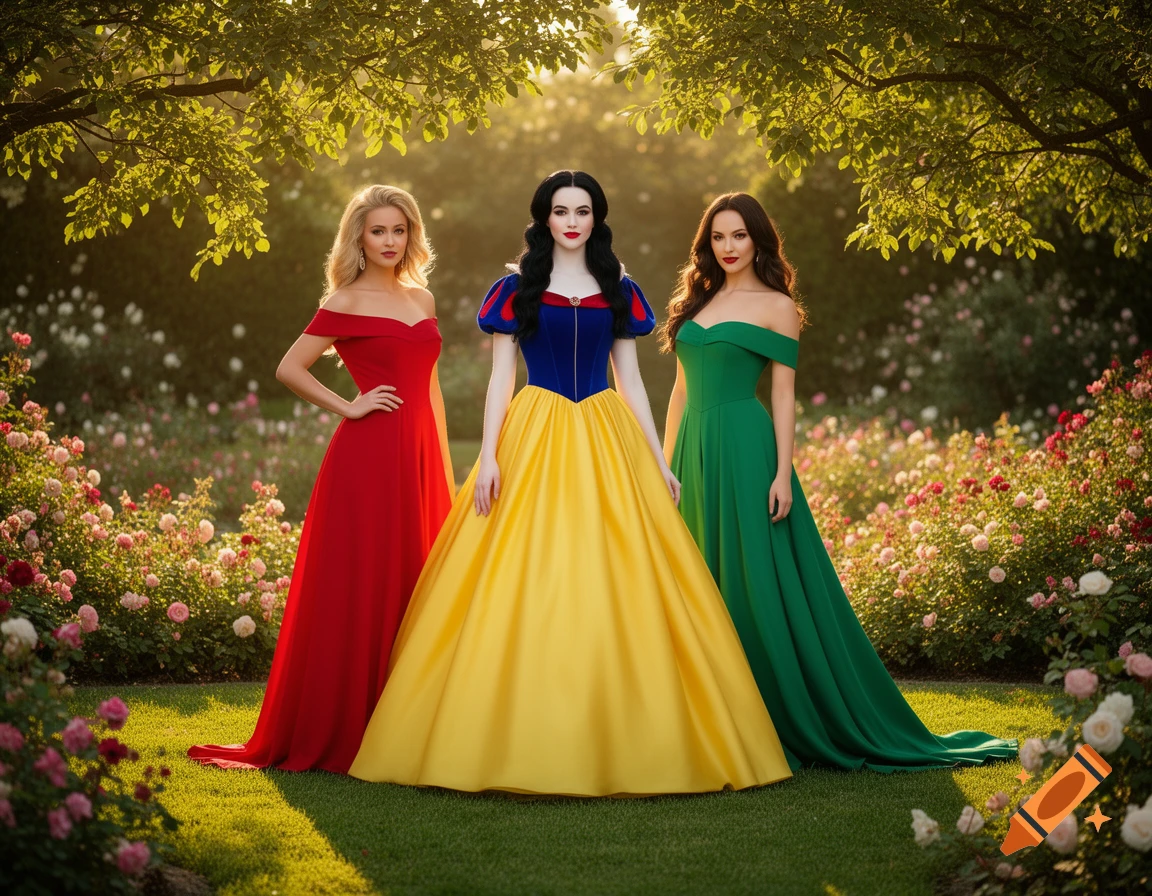 Three women in elegant dresses, including one resembling Snow White, posing in a lush garden with roses and trees.