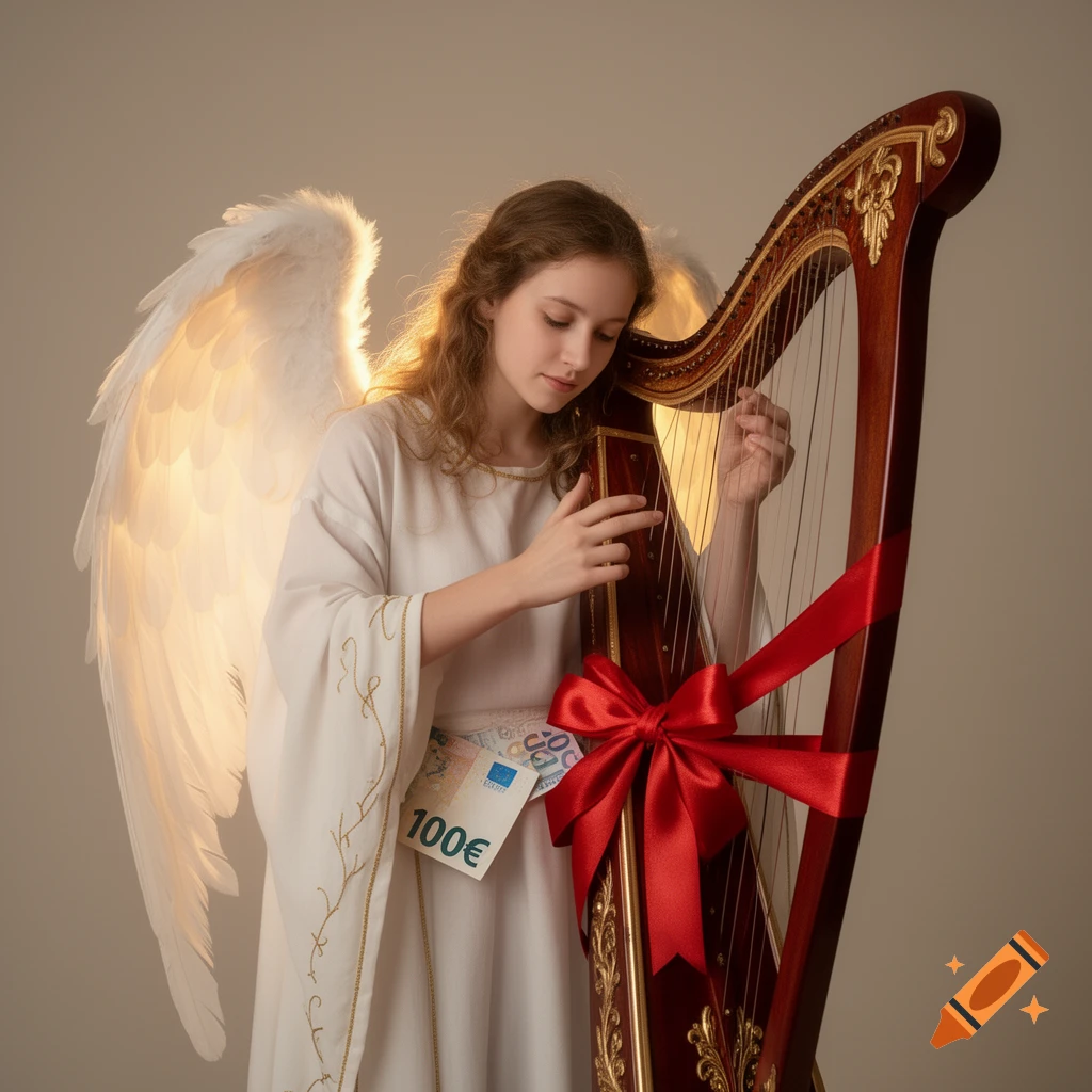 An angel in a white robe with glowing wings plays a harp adorned with a red ribbon. A 100 Euro bill is tucked into her robe.