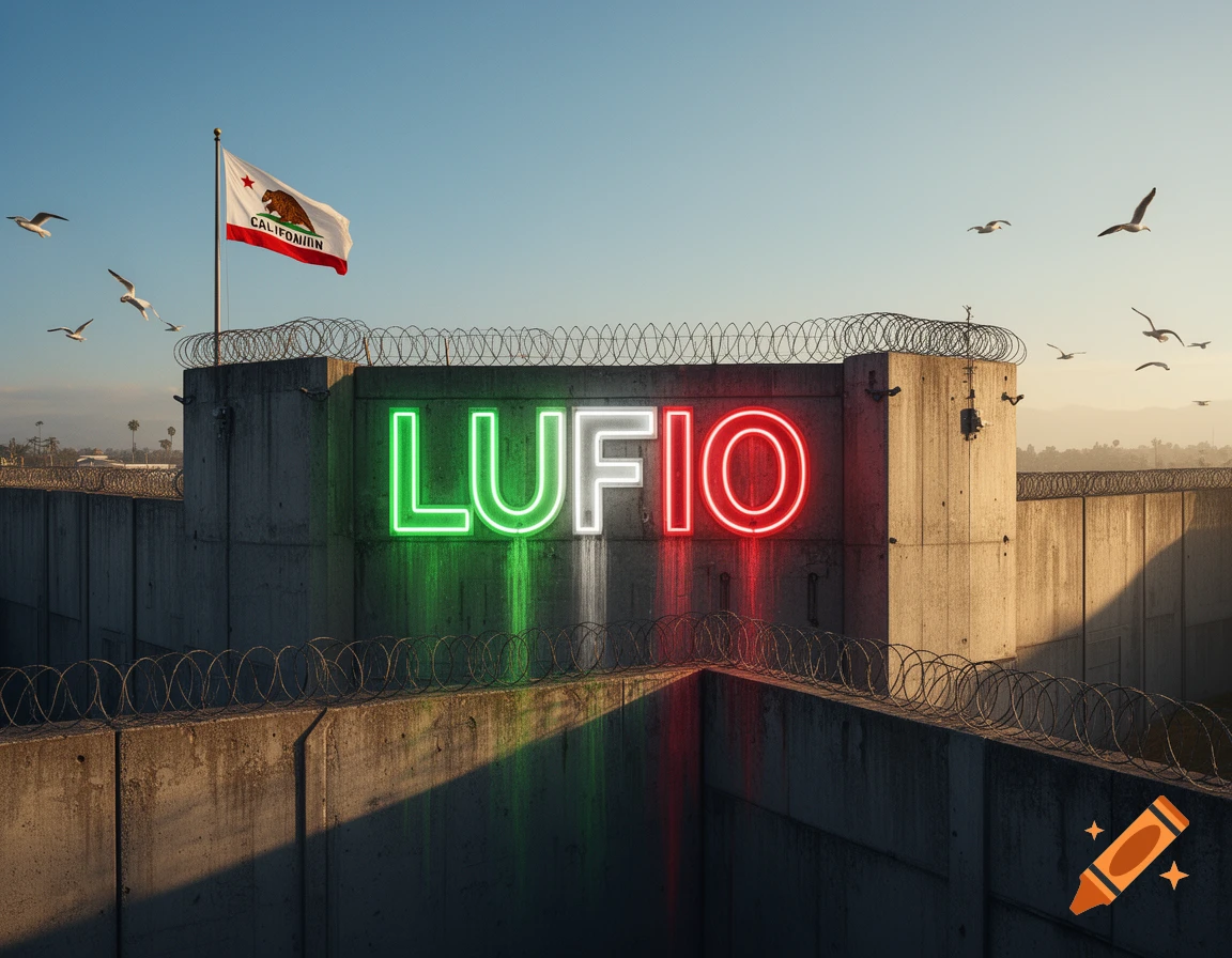 A fortified concrete compound featuring a green, white, and red 'Lufio' neon sign. A Californian flag flies above it, with seagulls in the clear sky. Photorealistic.