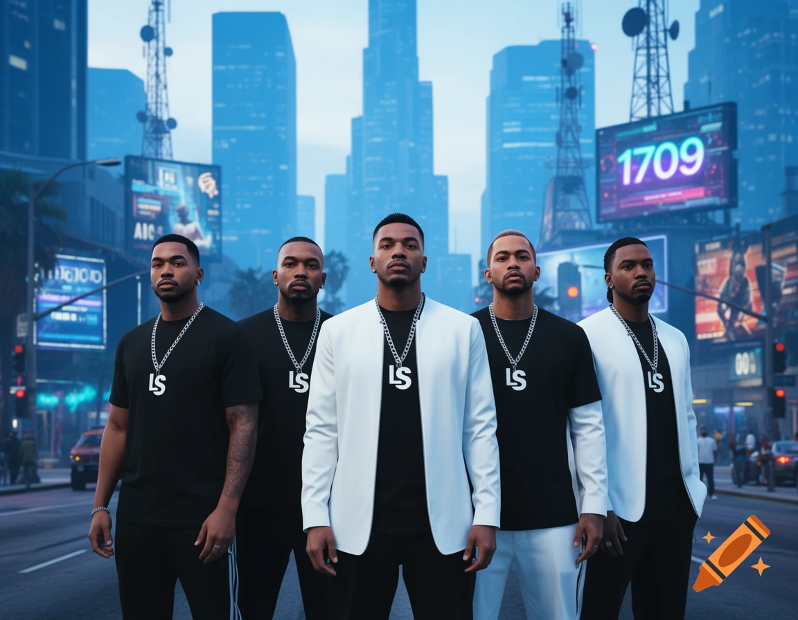 Five men in black and white outfits with 'LS' necklaces stand in a blue-tinted city street with skyscrapers and digital signs, one displaying '1709'.