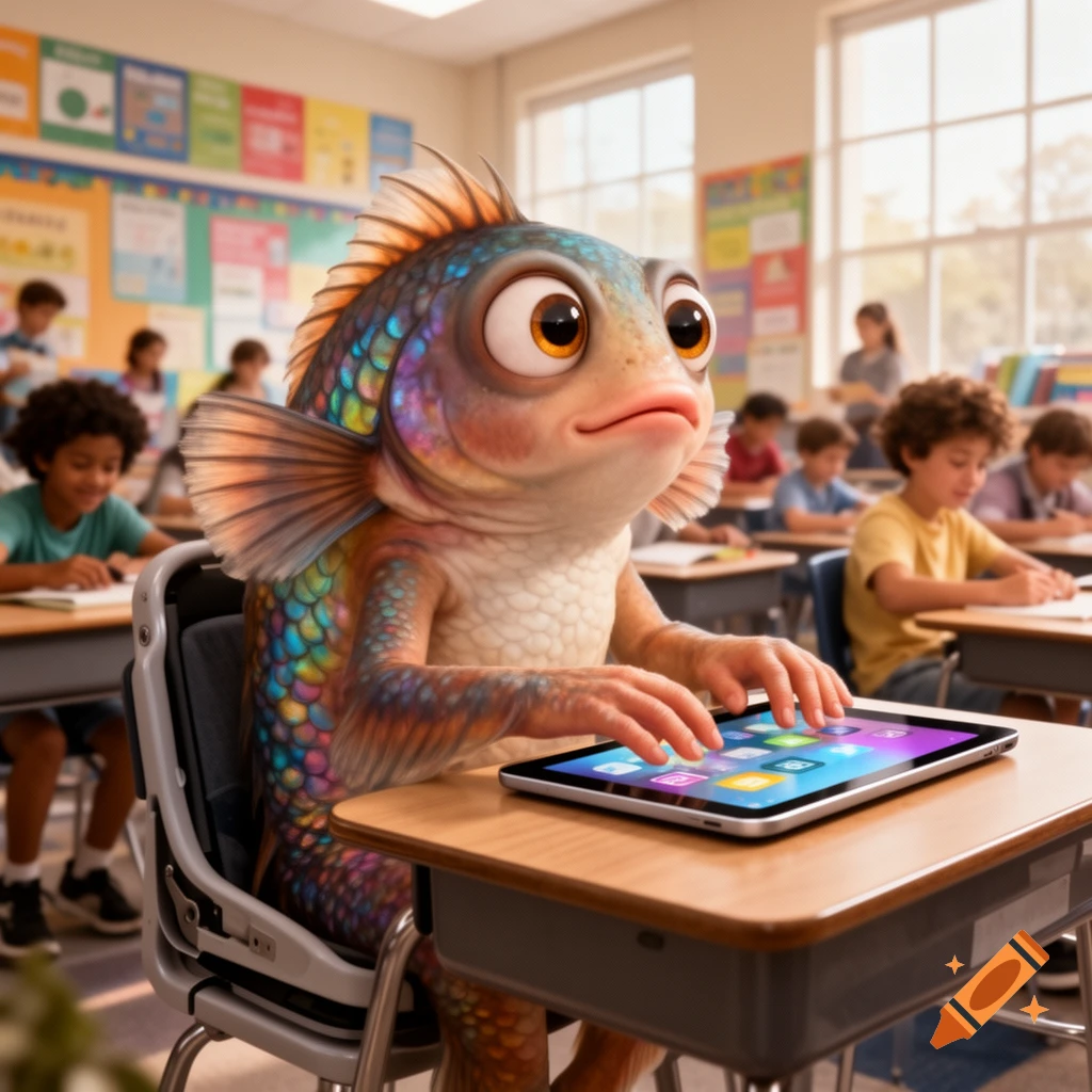 A colorful, anthropomorphic fish-creature sits at a desk in a classroom, tapping on a tablet with children studying around it. Photorealistic style.