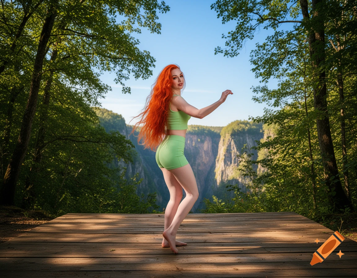 A woman with long red hair wearing a light green crop top and shorts poses on a wooden deck in a forest overlooking a valley.