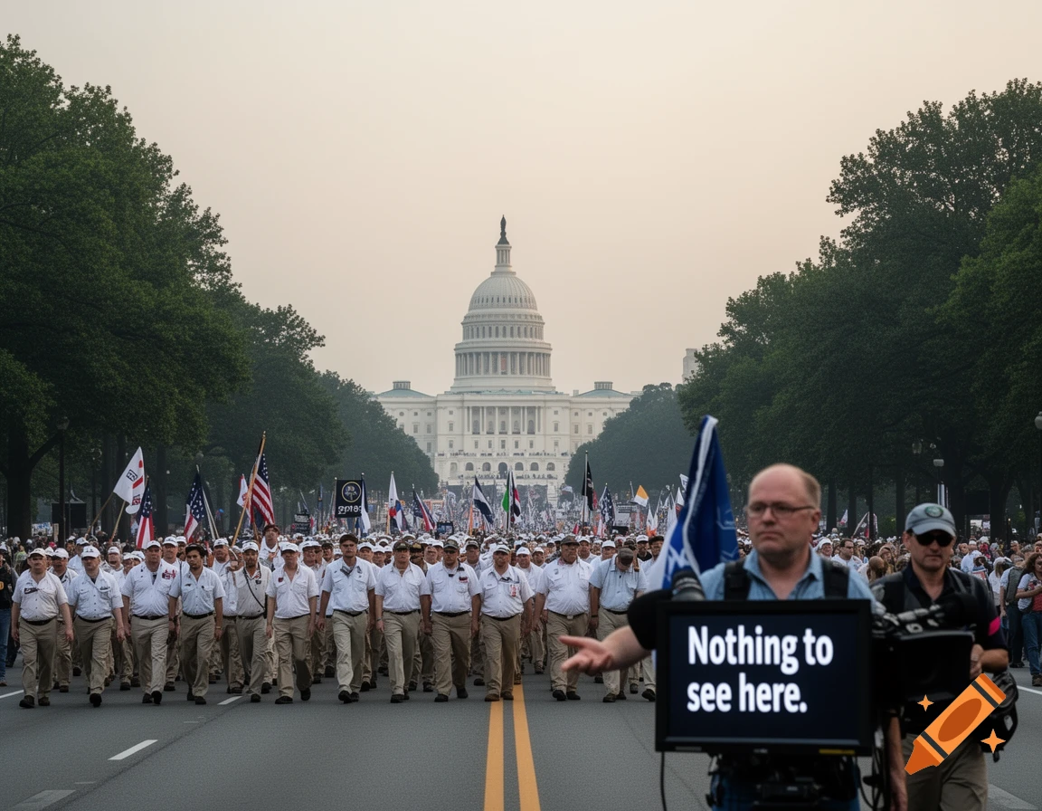 A large group of men in white shirts and khaki pants march towards the US Capitol, while a reporter holds a screen saying 'Nothing to see here.'