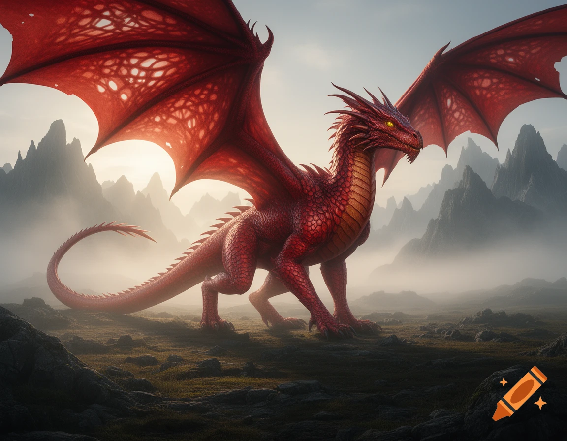 A majestic red dragon with large, leathery wings stands in a misty, rocky landscape with mountains in the background.