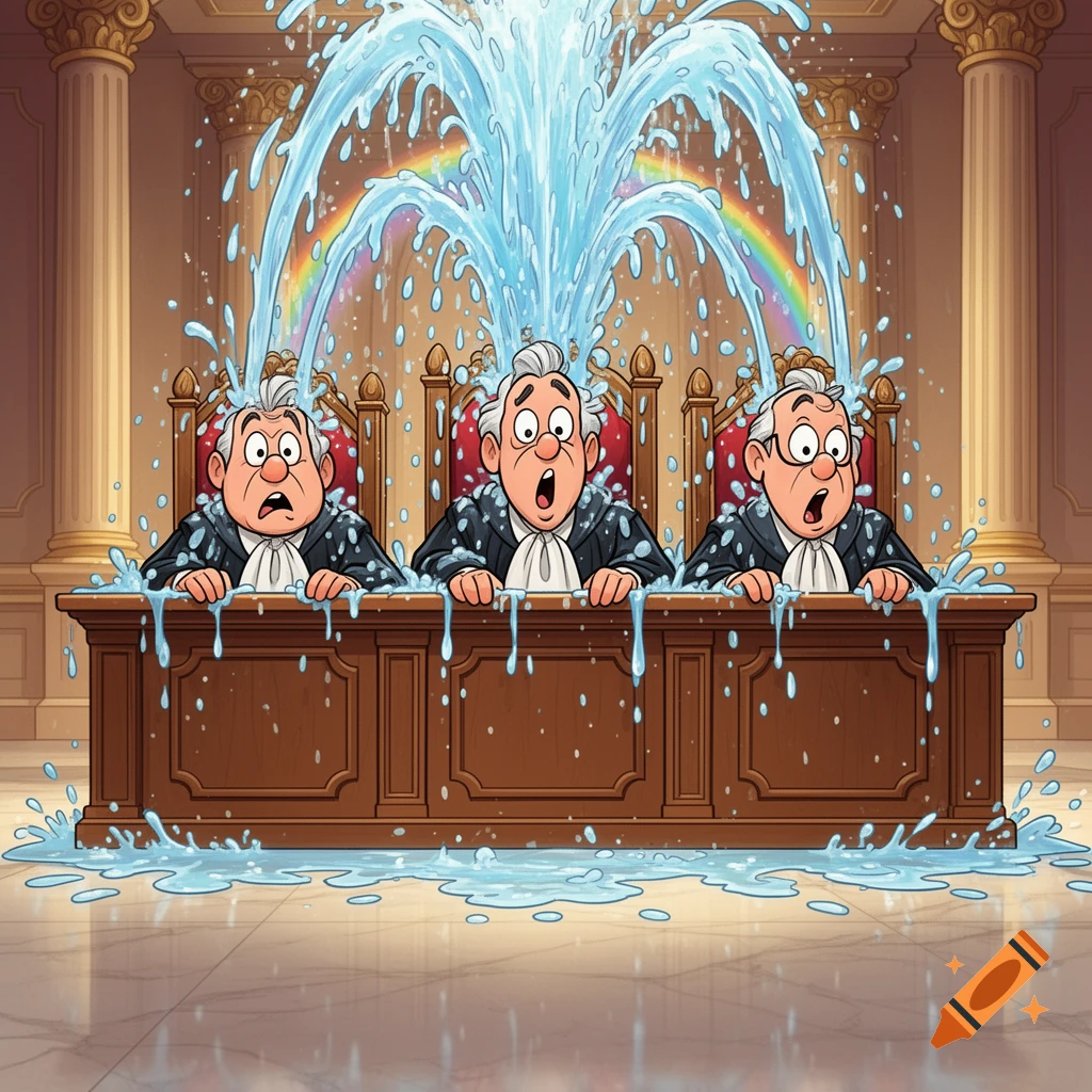 Three cartoon judges in a courtroom look shocked as a large fountain of water pours over their heads, forming a small rainbow.