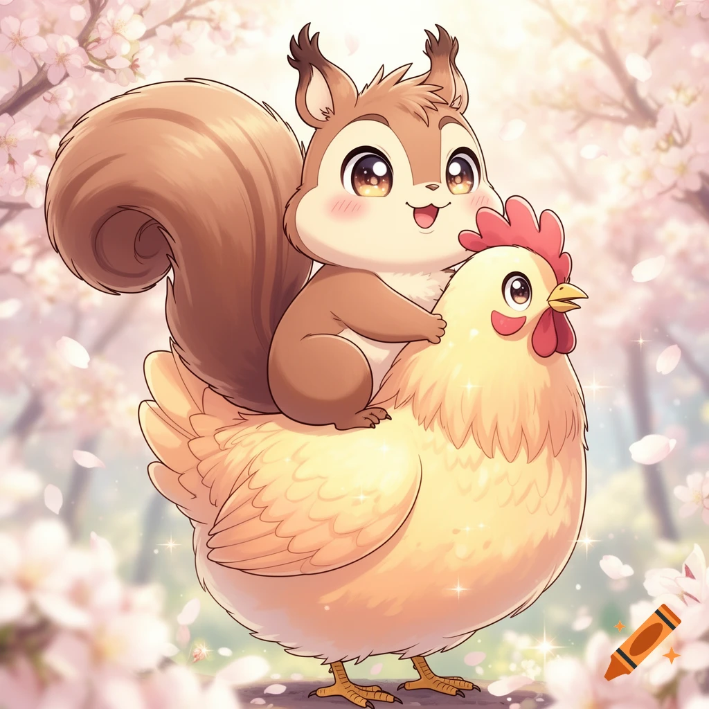Cute anime squirrel riding a chicken in a cherry blossom landscape.