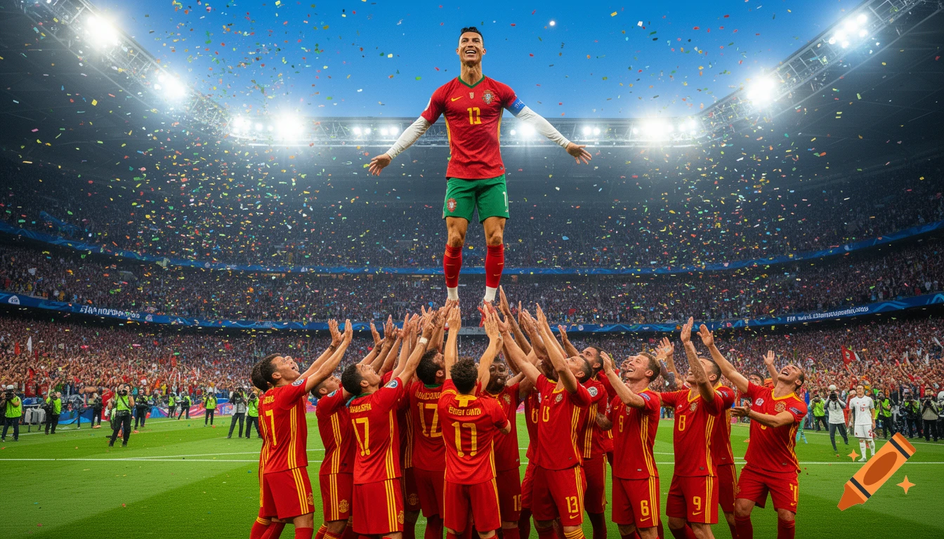 Cristiano Ronaldo is lifted in the air by teammates on a soccer field, celebrating a victory under falling confetti in a stadium filled with cheering fans.