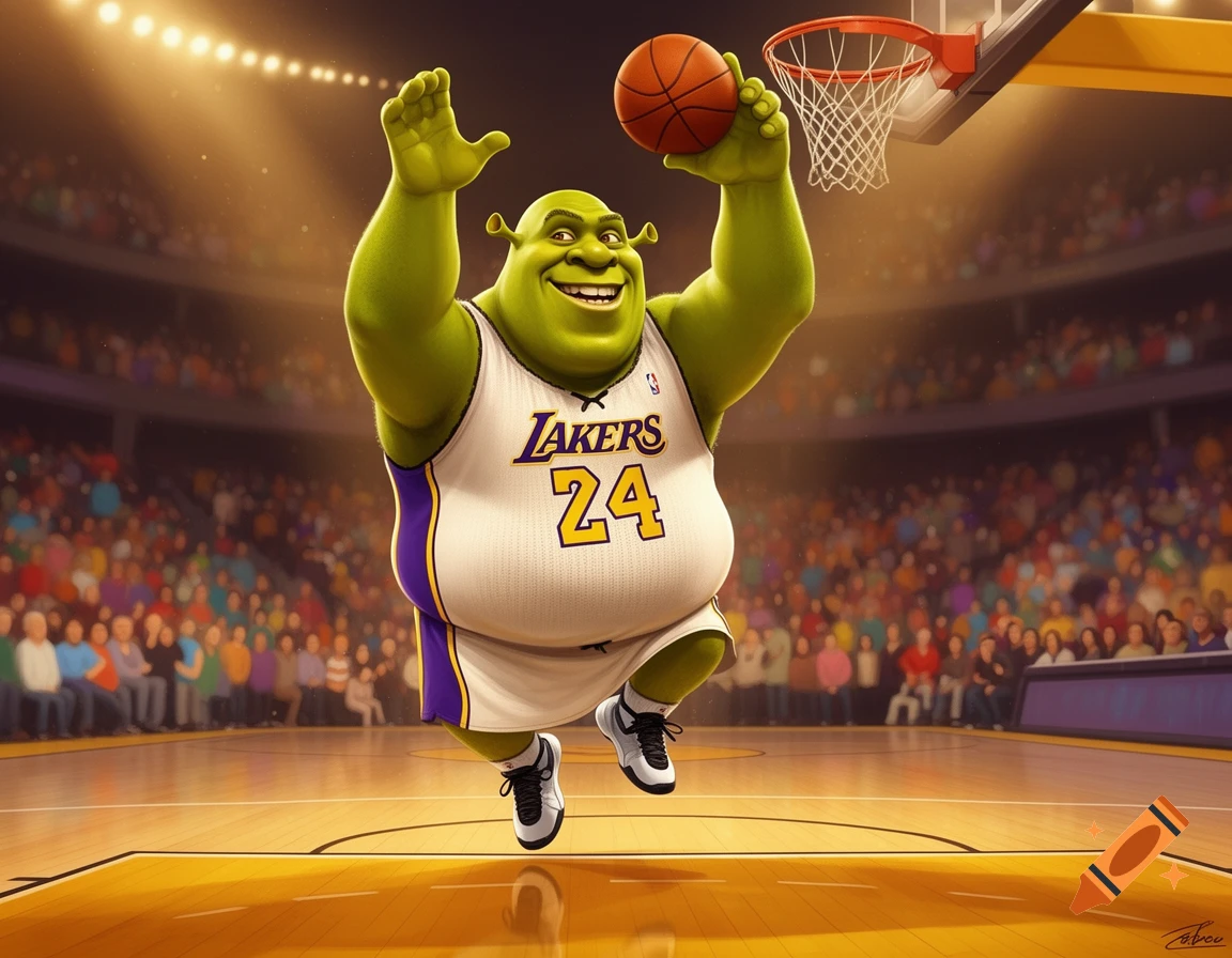 Shrek in a Lakers jersey dunks a basketball in a stadium packed with fans.