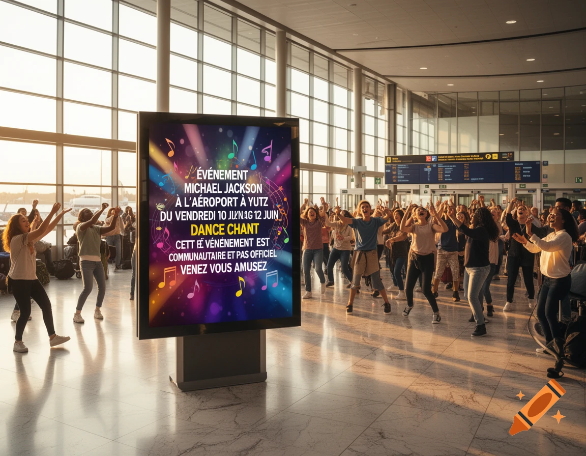 A large crowd of people dance excitedly in a brightly lit airport terminal around a digital billboard advertising a Michael Jackson dance event.