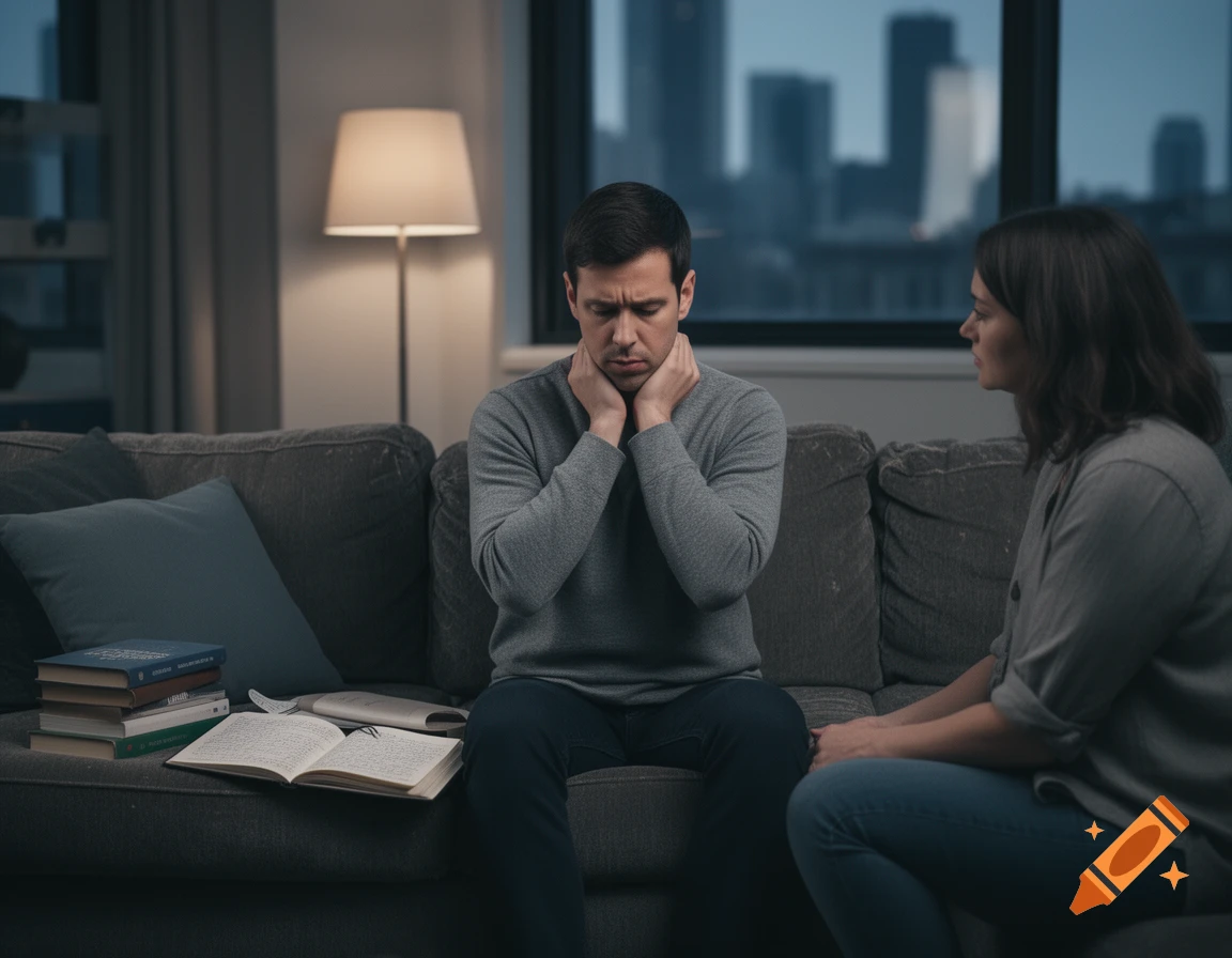 A distressed man sits on a couch, holding his neck while a woman sits beside him looking on. Books are next to him, with a city skyline outside the window.