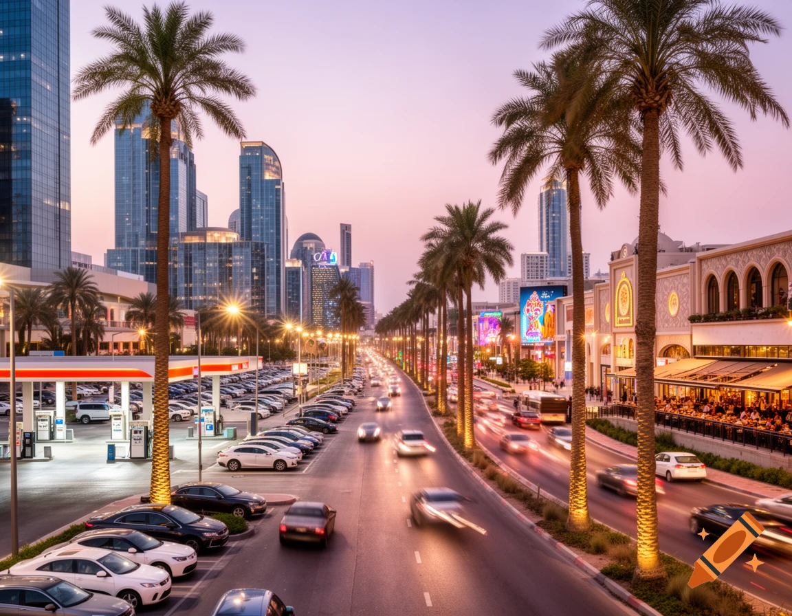 Vibrant city street at dusk lined with palm trees, modern buildings, and illuminated shops. Traffic lights blur on the busy road, with a gas station and parking lot.