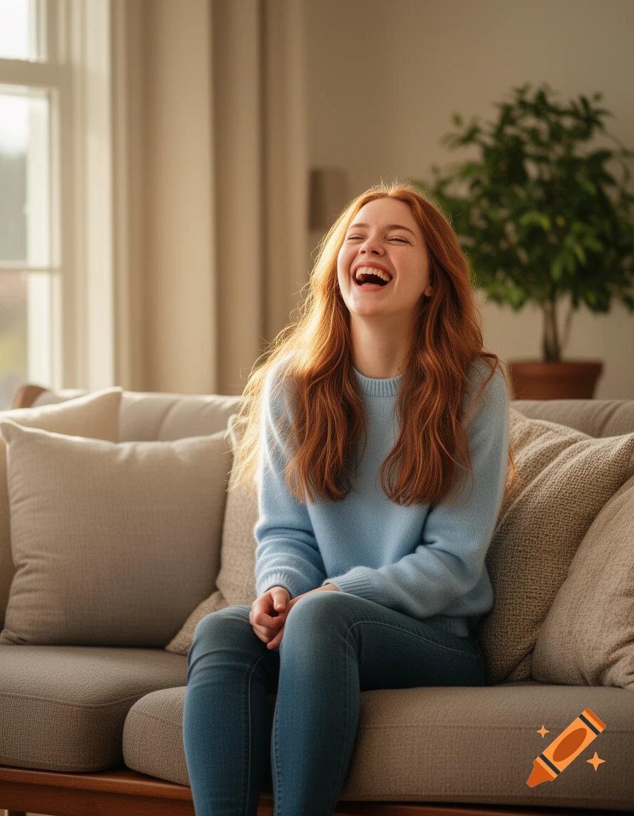 Red-haired woman with freckles laughing heartily on a couch in a sunlit room, photorealistic.