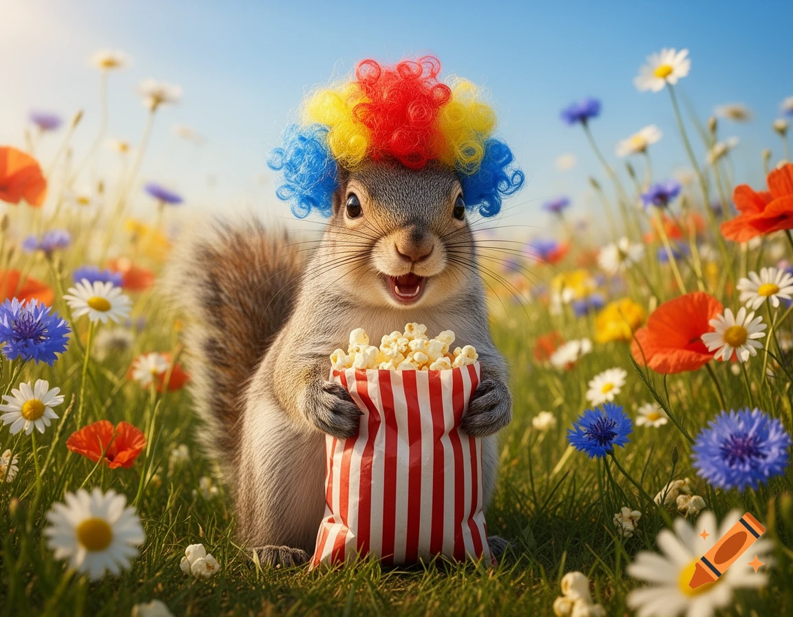 A photorealistic squirrel with a multicolored clown wig on its head, holding a bag of popcorn, smiles in a sunny field of wildflowers.