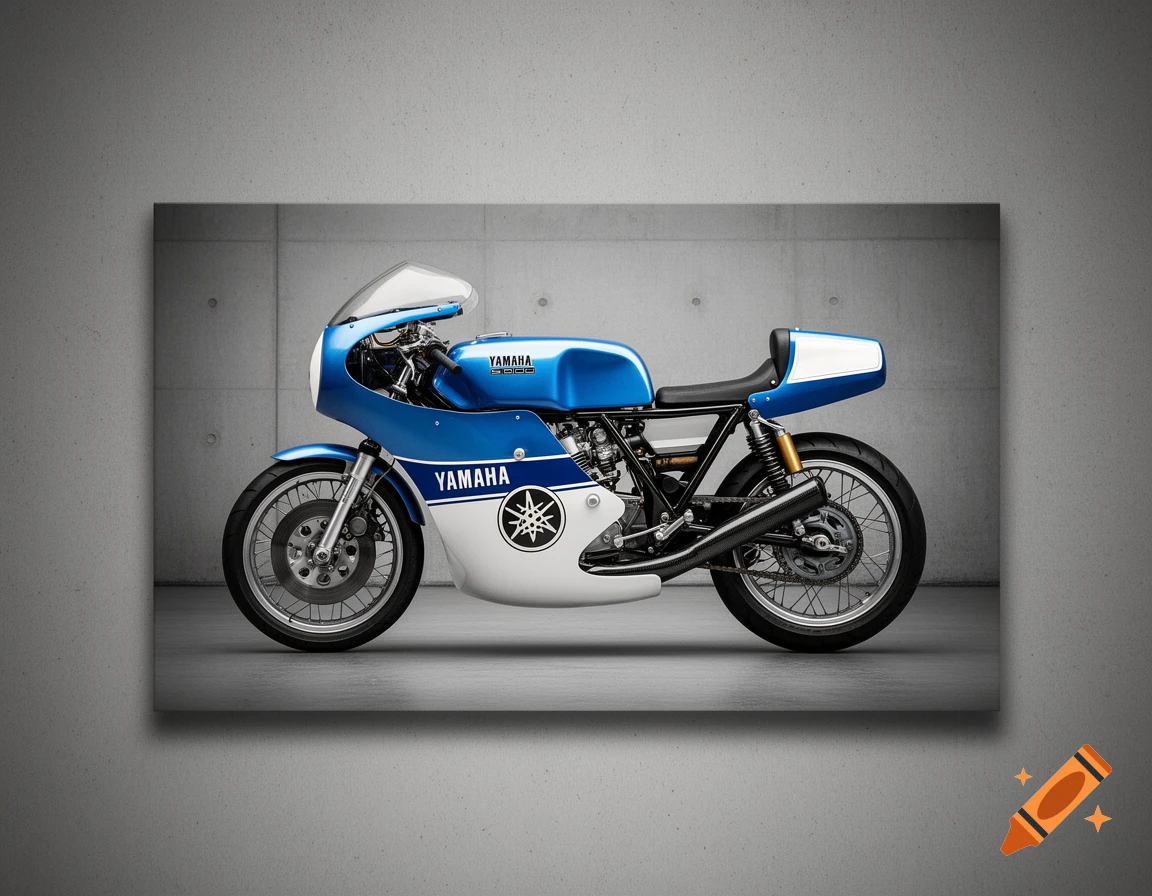 A photorealistic side view of a blue and white Yamaha cafe racer motorcycle with full fairings, presented as wall art against a concrete background.