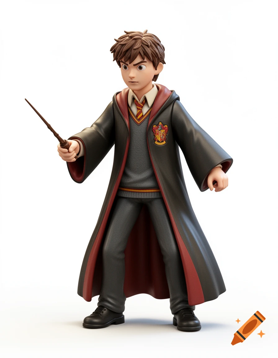 A stylized 3D render of a young Harry Potter in Hogwarts robes, holding a wand, against a white background.