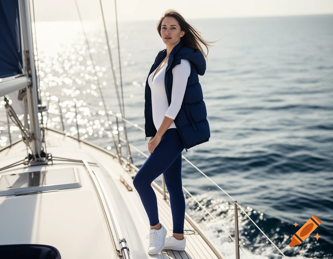 Woman in a white top, navy vest, and leggings stands on a sailboat at sea, looking at the camera. Photorealistic style.