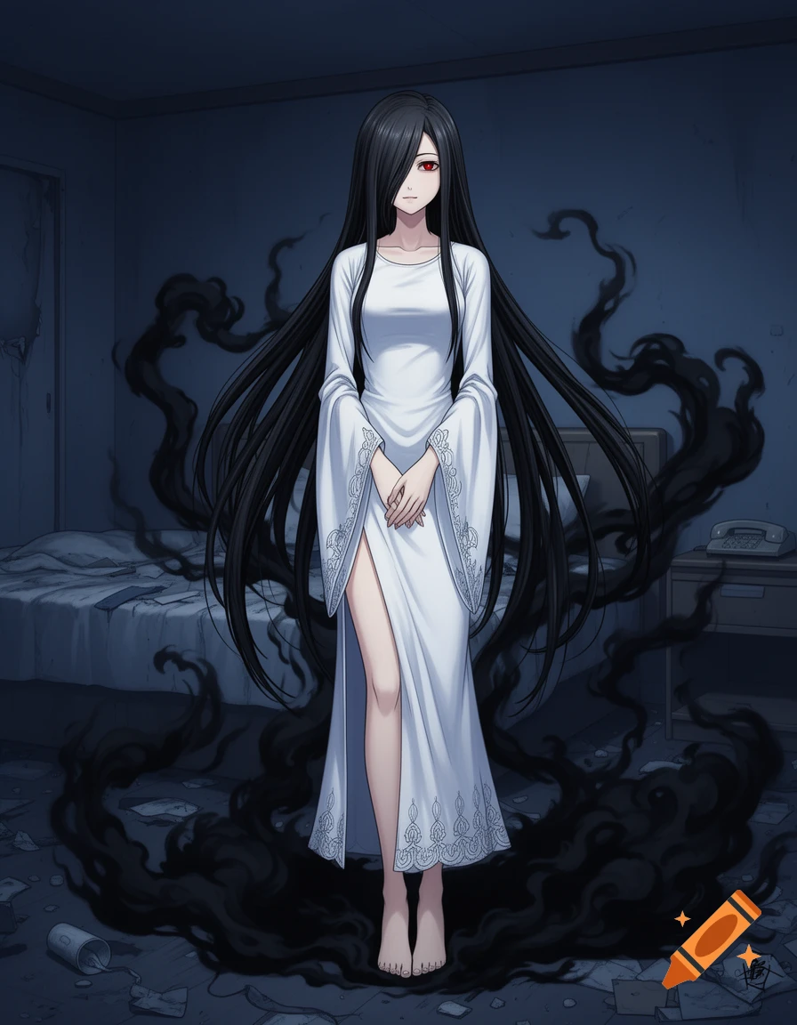 An anime ghost woman with long black hair, red eyes, and a white dress stands in a dark, messy room with black smoke.