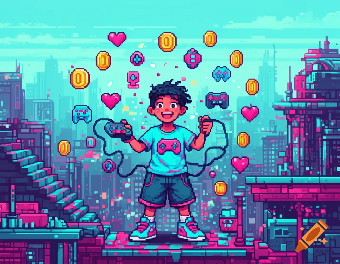 Pixel art of a happy boy playing video games in a futuristic city, surrounded by pixel hearts, coins, and game controllers.