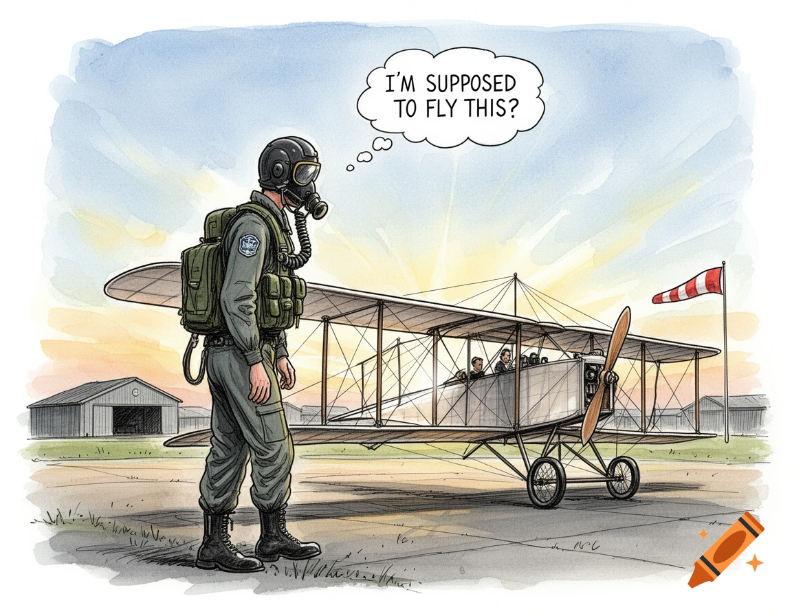 Ink-and-watercolor illustration of a modern pilot in full gear looking at an old biplane, thinking, 'I'm supposed to fly this?'
