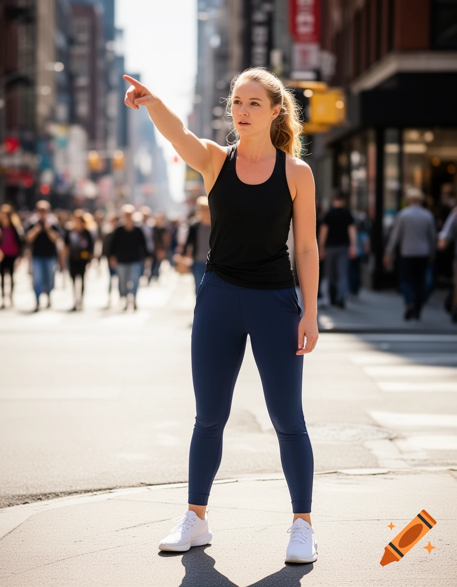 A woman in a black tank top and blue leggings points forward while standing on a sunny city street, photorealistic.