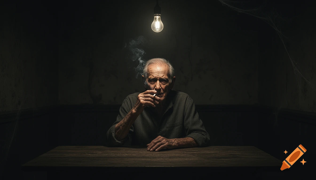A photorealistic, weathered elderly man sits at a wooden table in a dark room, smoking a cigarette under a single dramatic light bulb.
