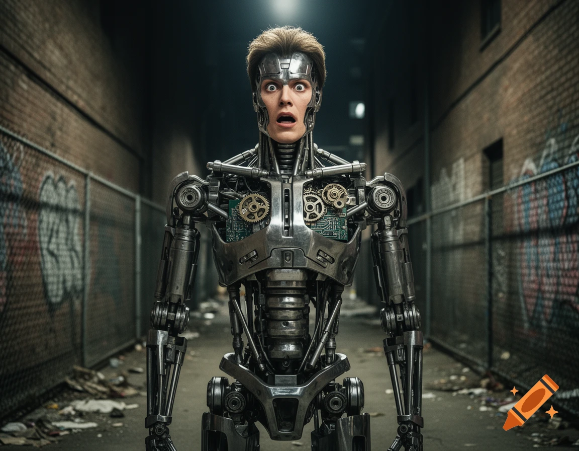 A photorealistic android with a surprised human face, revealing internal gears, stands in a dark, graffiti-covered alley.