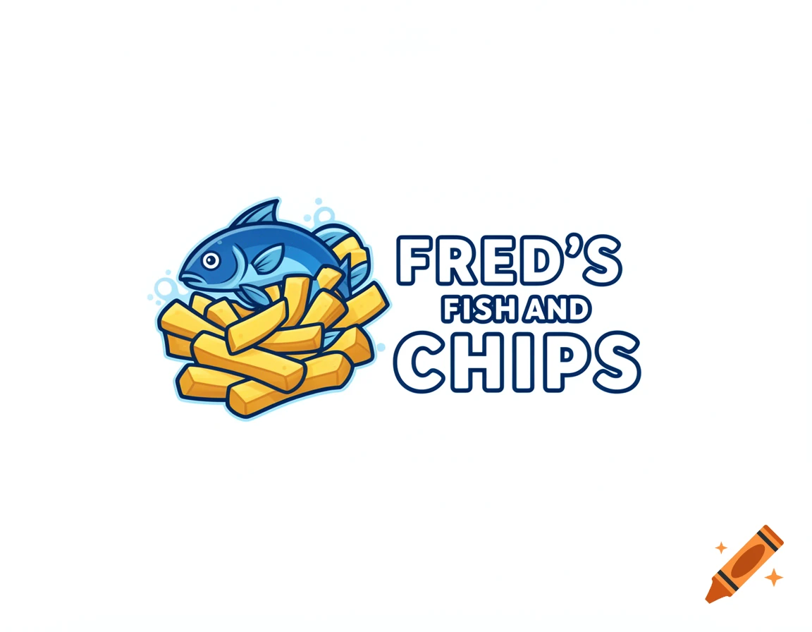 Cartoon logo featuring a blue fish atop a pile of golden french fries, with the text "FRED'S FISH AND CHIPS" beside it.