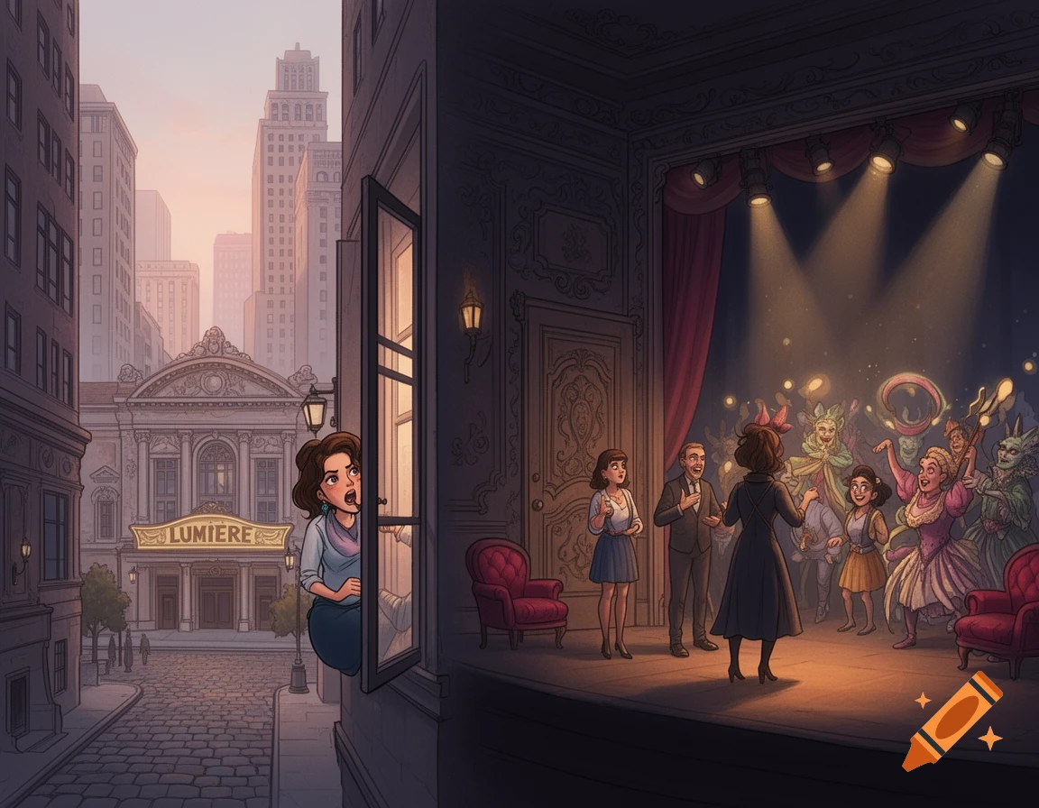 An illustration depicts a woman looking out an open window at a street with a 'LUMIERE' theater, and on the right, a stage with performers and costumed characters.