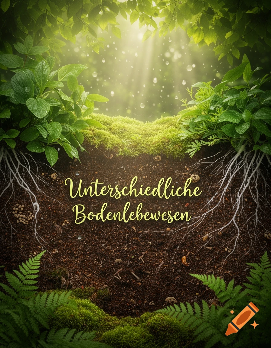 A photorealistic cross-section of soil with roots, moss, ferns, and small organisms, with 'Unterschiedliche Bodenlebewesen' text.
