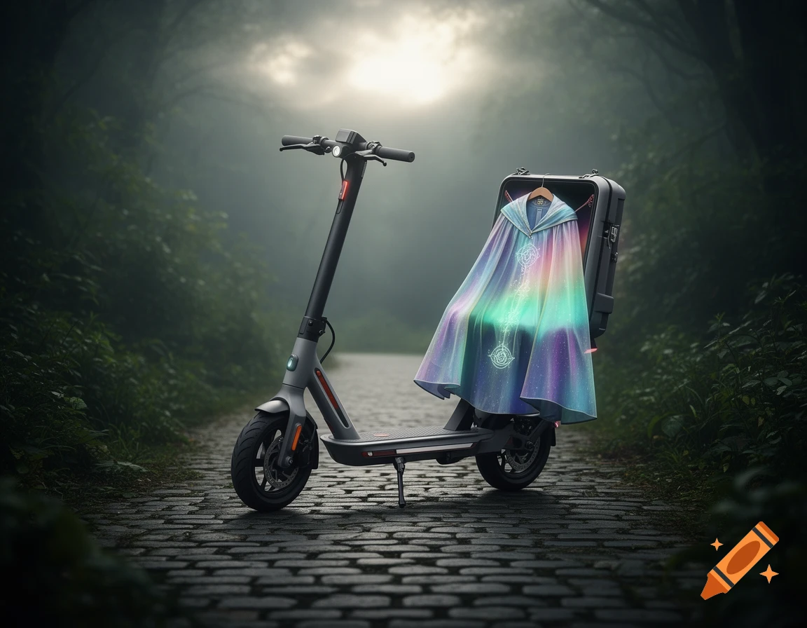 A photorealistic electric scooter on a cobblestone forest path with an iridescent, magical cloak stored in its cargo box.