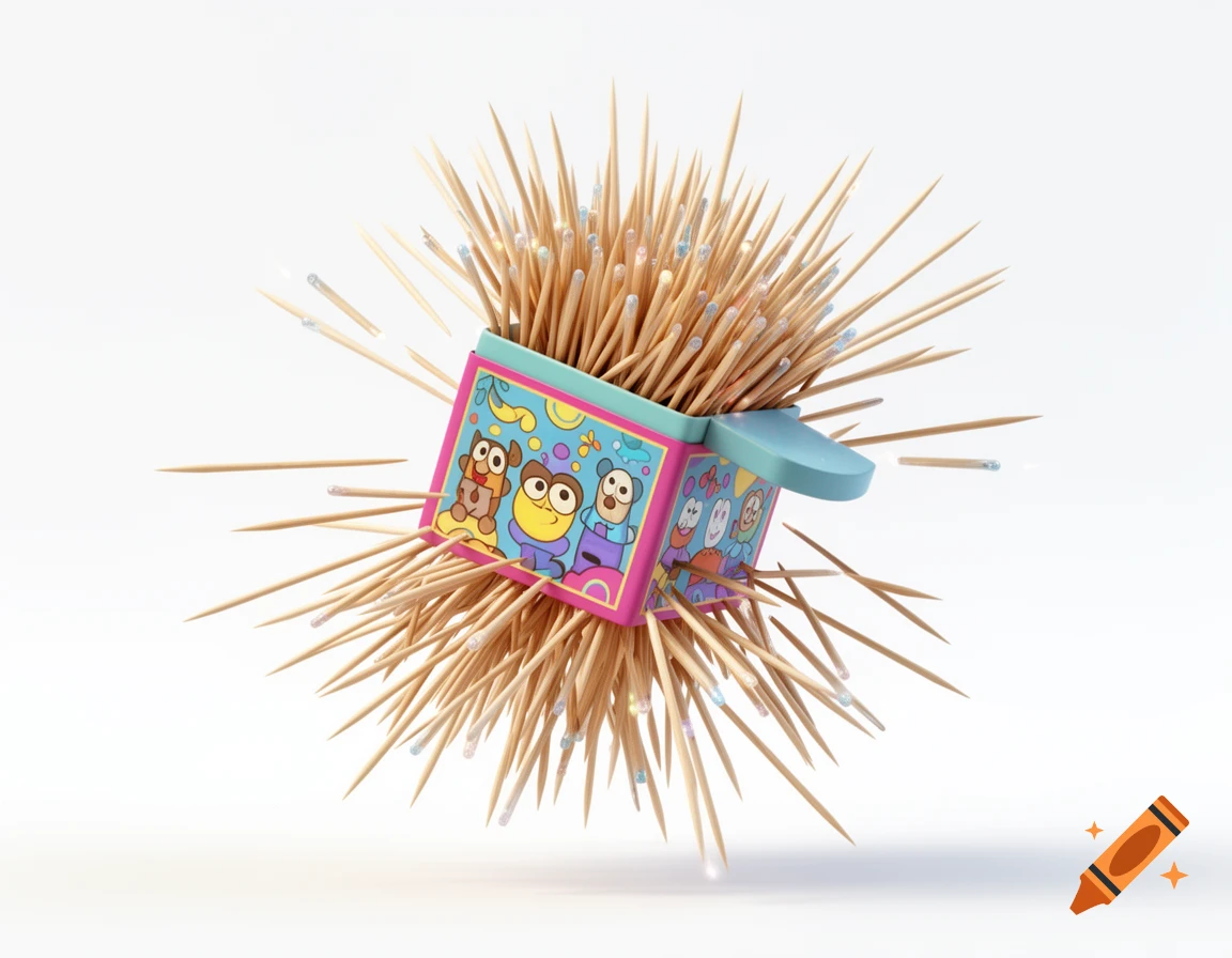 A cartoon-style box, seen from three-quarters, overflowing with countless wooden toothpicks on a white background.