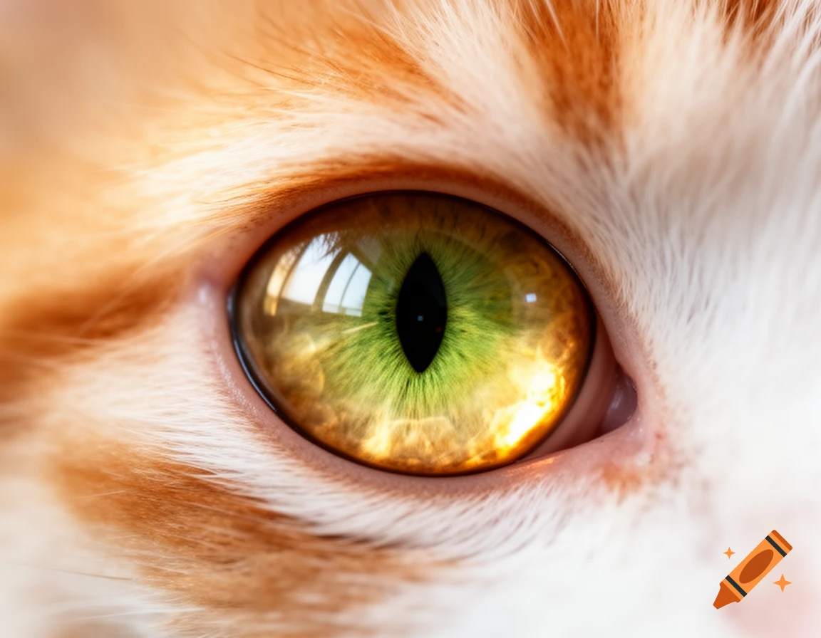 Close-up of a cat's eye with a vertical pupil, a green and amber iris, and reflections in the eye.