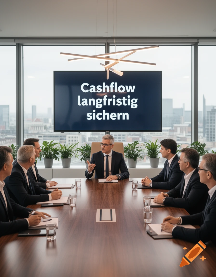 Business professionals in suits at a conference table with a large screen displaying 'Cashflow langfristig sichern' in a modern office with city views.