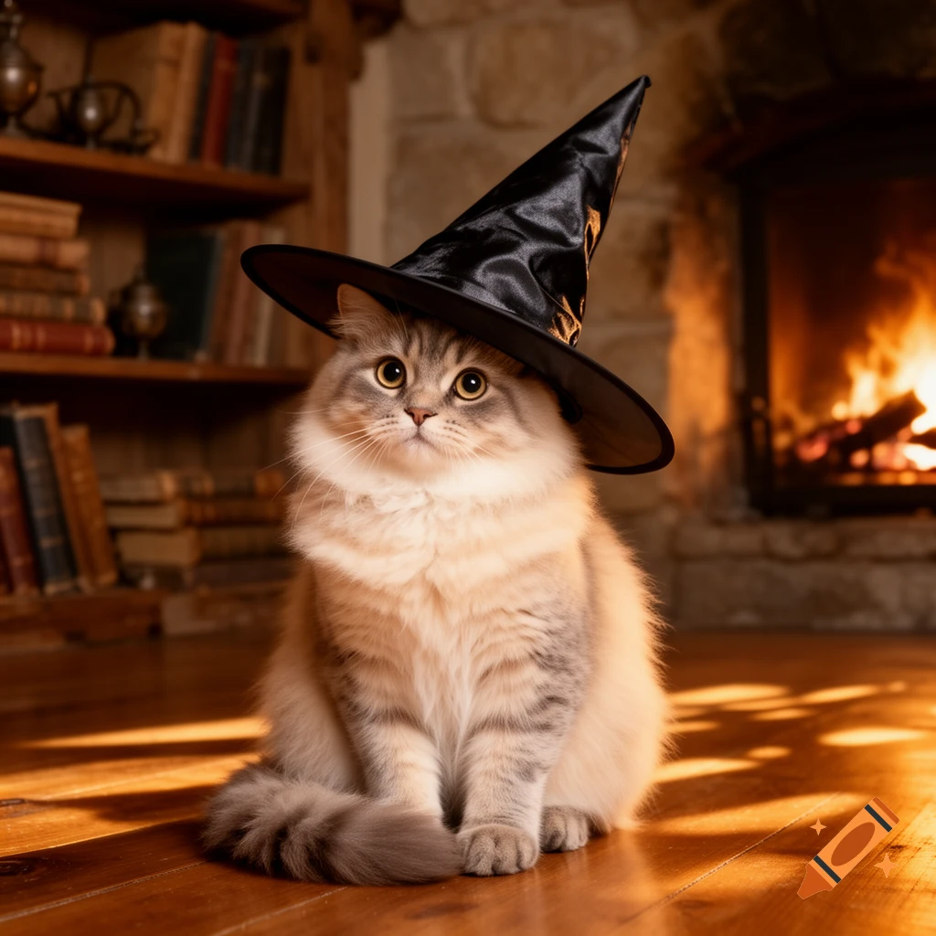 A fluffy cat wearing a black witch's hat sits on a wooden floor in front of a fireplace and a bookshelf.