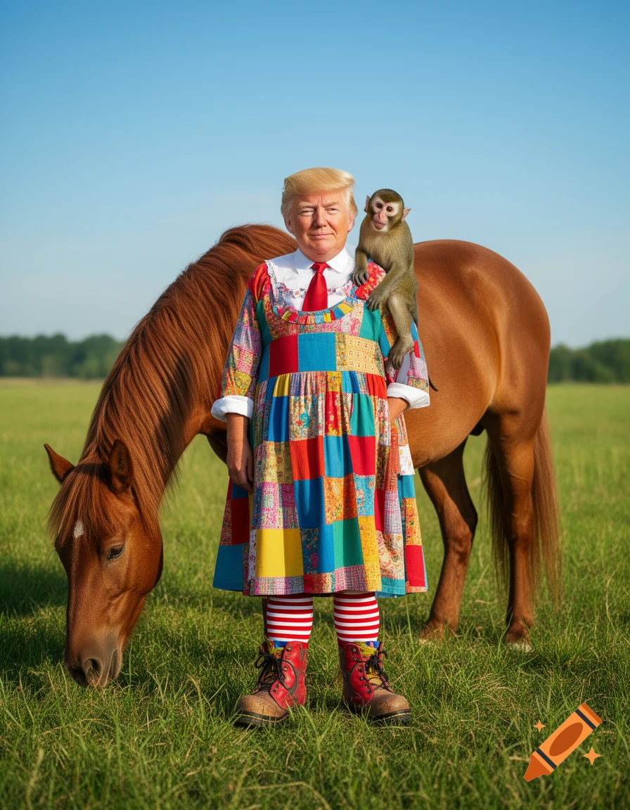Photorealistic image of Donald Trump's head on a figure wearing a colorful dress and striped socks, standing in a field with a horse and a monkey on their shoulder.